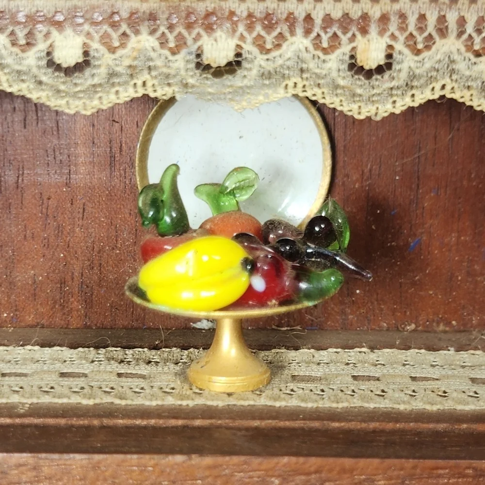 Vintage 1:12 Dollhouse Miniature Wood China Cabinet Hutch w/ Porcelain Metal Set